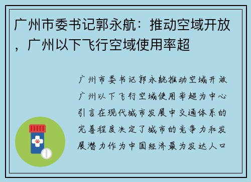 广州市委书记郭永航：推动空域开放，广州以下飞行空域使用率超