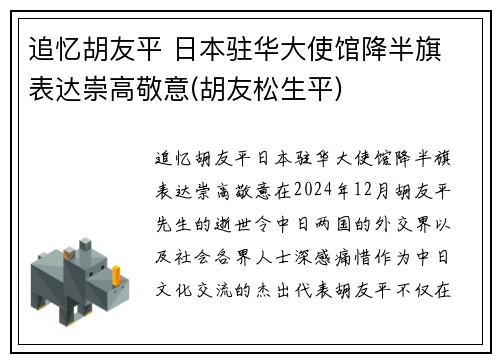 追忆胡友平 日本驻华大使馆降半旗 表达崇高敬意(胡友松生平)