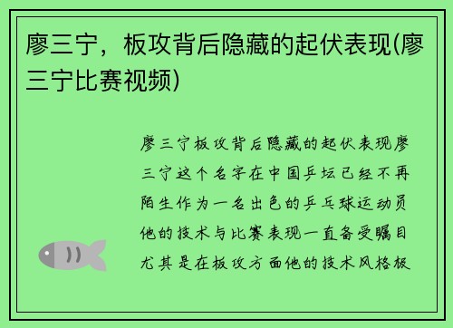 廖三宁，板攻背后隐藏的起伏表现(廖三宁比赛视频)