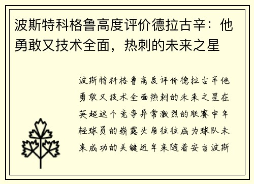 波斯特科格鲁高度评价德拉古辛：他勇敢又技术全面，热刺的未来之星