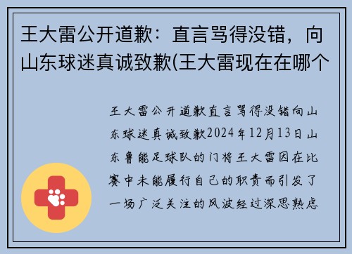 王大雷公开道歉：直言骂得没错，向山东球迷真诚致歉(王大雷现在在哪个球队)