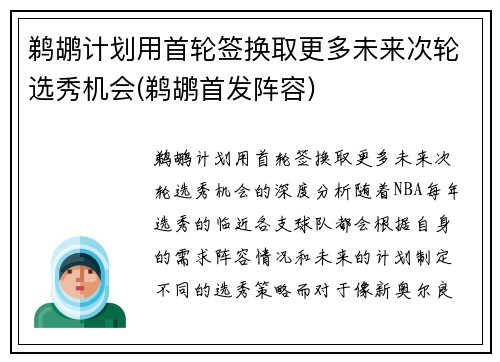 鹈鹕计划用首轮签换取更多未来次轮选秀机会(鹈鹕首发阵容)