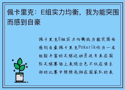 佩卡里克：E组实力均衡，我为能突围而感到自豪
