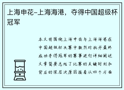 上海申花-上海海港，夺得中国超级杯冠军