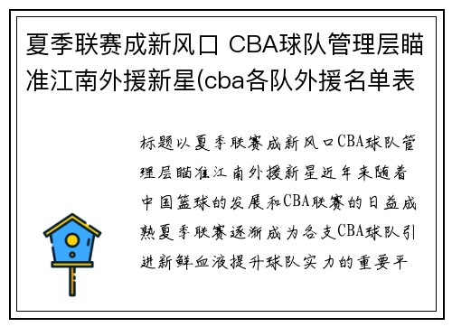夏季联赛成新风口 CBA球队管理层瞄准江南外援新星(cba各队外援名单表)