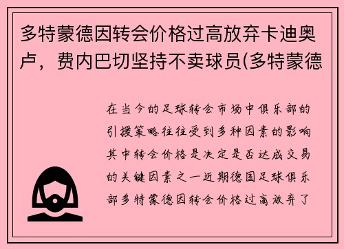 多特蒙德因转会价格过高放弃卡迪奥卢，费内巴切坚持不卖球员(多特蒙德状态火爆锁定德甲半程冠军)