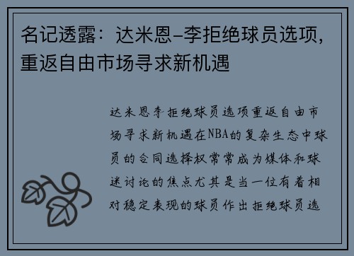名记透露：达米恩-李拒绝球员选项，重返自由市场寻求新机遇