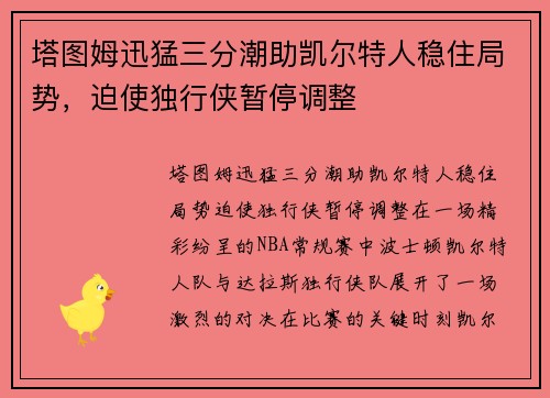 塔图姆迅猛三分潮助凯尔特人稳住局势，迫使独行侠暂停调整