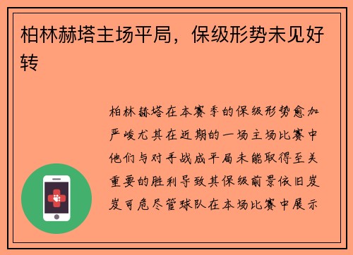 柏林赫塔主场平局，保级形势未见好转