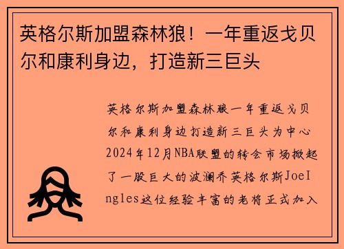 英格尔斯加盟森林狼！一年重返戈贝尔和康利身边，打造新三巨头