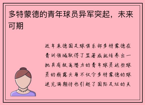 多特蒙德的青年球员异军突起，未来可期