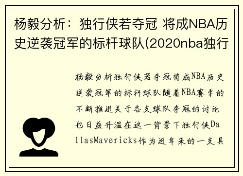 杨毅分析：独行侠若夺冠 将成NBA历史逆袭冠军的标杆球队(2020nba独行侠)