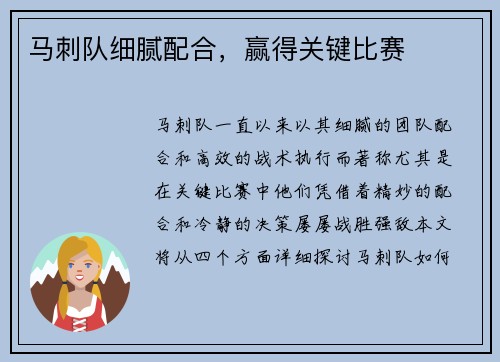 马刺队细腻配合，赢得关键比赛